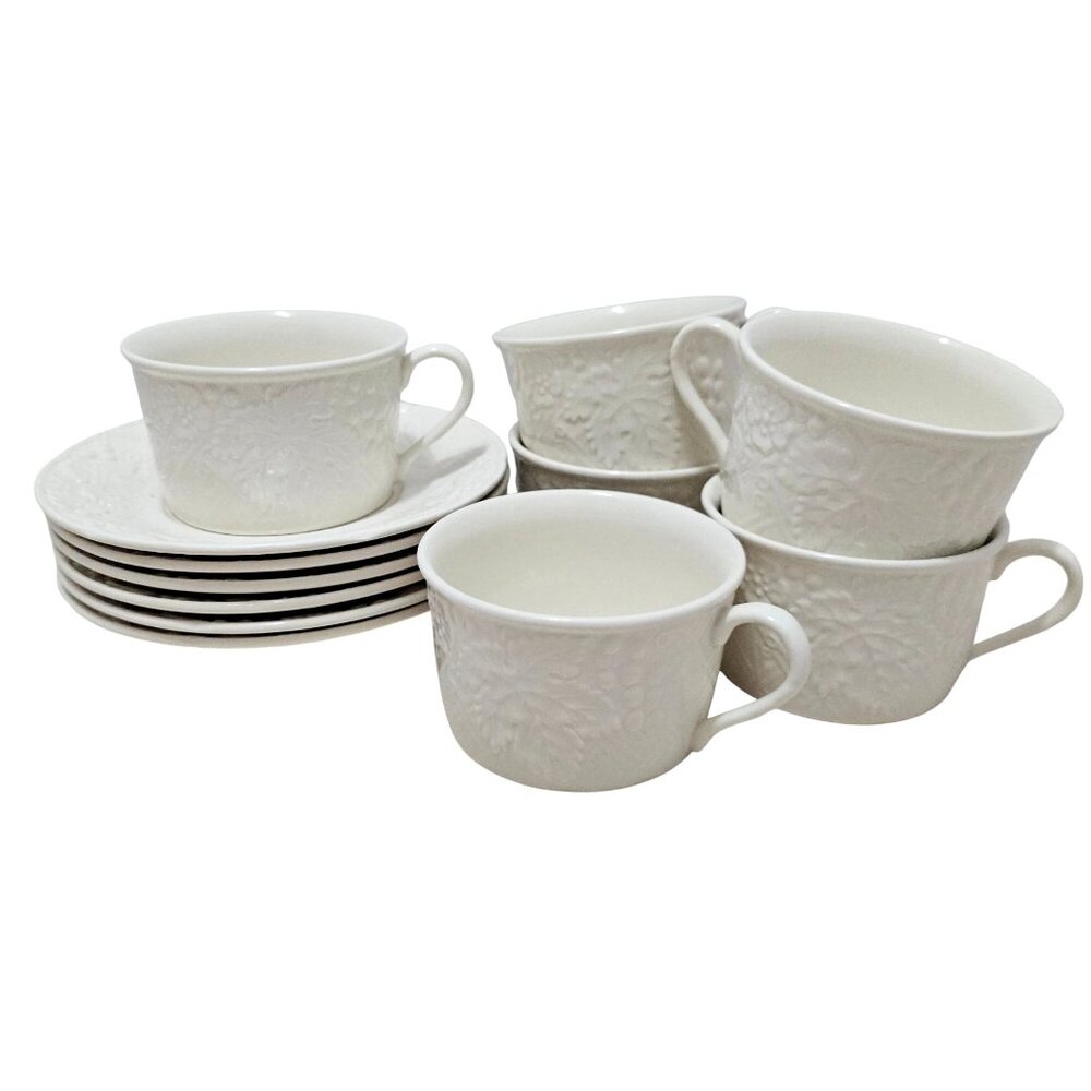 6 Mikasa English Countryside Mug Saucer 8oz wide white embossed dishwasher micro